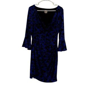 Anne Klein black blue dress long sleeves midi length bell sleeves v-neck ruched